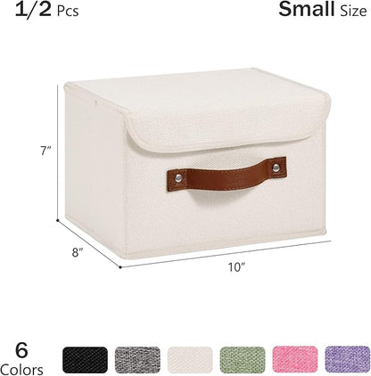 2PCS Storage Bins Box with Lids Decorative Cotton Linen Fabric Baskets Cubes with Handles PP Plastic Board Foldable Washable Lidded Clothing Shelf Closet Organizer Container (Beige, Small)