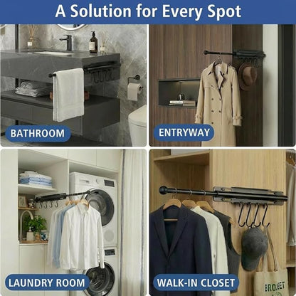 Valet Rod for Closet Pull Out, 12 Inch Retractable Slide Out Closet Rod with 4 Hooks, Heavy Duty Steel Extendable Adjustable Clothes Hanger Rod for Laundry Room, Wardrobe & Bathroom, Black