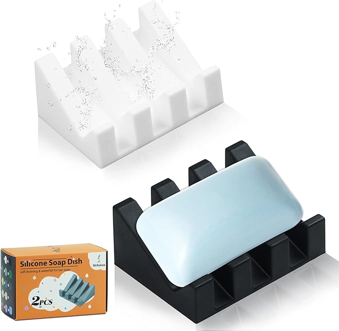 2 Pack Self Draining Silicone Soap Dish for Shower & Kitchen - Waterfall Bar Soap Holder Tray, Non-Slip Soap Saver Keeps Soap Dry, Easy to Clean, Extends Soap Life (White-Black)