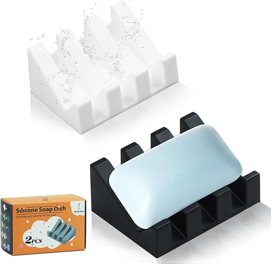 2 Pack Self Draining Silicone Soap Dish for Shower & Kitchen - Waterfall Bar Soap Holder Tray, Non-Slip Soap Saver Keeps Soap Dry, Easy to Clean, Extends Soap Life (White-Black)
