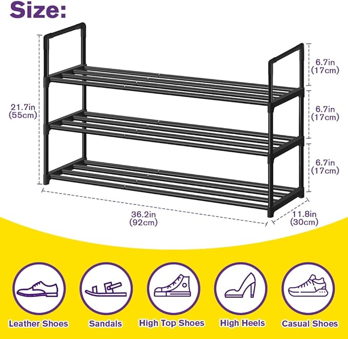 Shoe Rack - Metal Shoe Rack Organizer - Stackable Shoe Storage Shelf for Entryway, Closet, Bathroom 30cm(D) x 92cm(W) x 55cm(H) -Black (3-Tier)