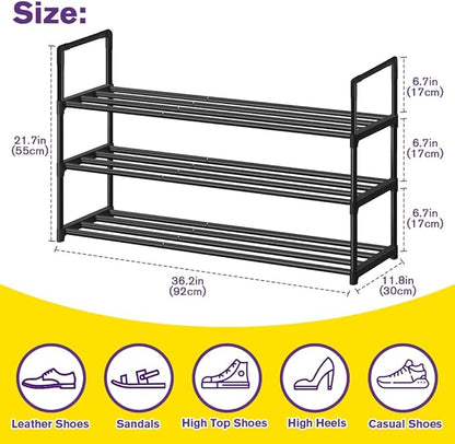 Shoe Rack - Metal Shoe Rack Organizer - Stackable Shoe Storage Shelf for Entryway, Closet, Bathroom 30cm(D) x 92cm(W) x 55cm(H) -Black (3-Tier)