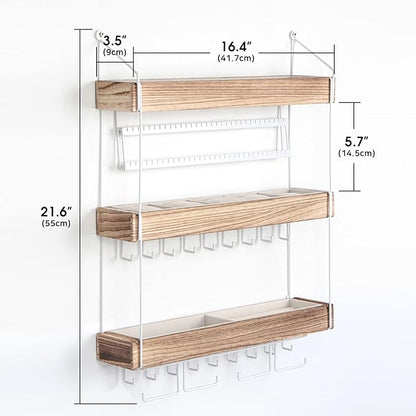 J JACKCUBE DESIGN Wall Mounted 3 Tier Wooden Jewelry Organizer Rack with Accessories Storage Shelf and 18 Metal Earring, Necklace Hooks- MK907A