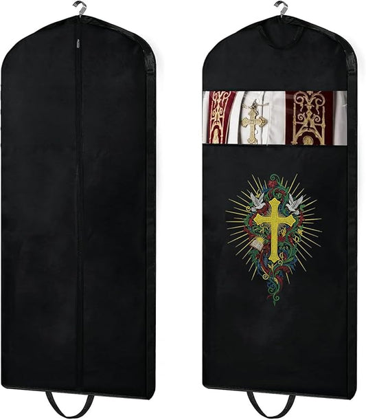Clergy Robe Garment Bag, Black Vestment Cover for Hanging Clothes, Deacon Preacher Travel Storage Bag (Black, 60 Inch)