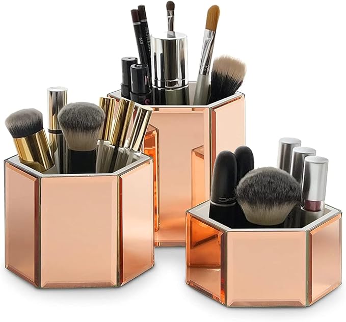 OnDisplay Tressa Set of 3 Hexagon Mirrored Trays for Makeup/Cosmetics, Brushes, Office, Jewelry and Accessories (Rose Gold)