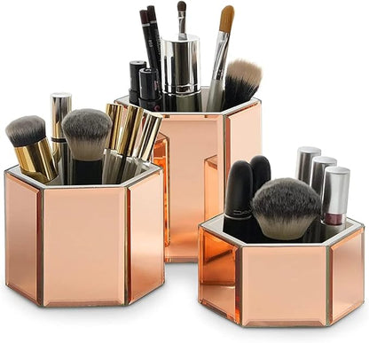 OnDisplay Tressa Set of 3 Hexagon Mirrored Trays for Makeup/Cosmetics, Brushes, Office, Jewelry and Accessories (Rose Gold)