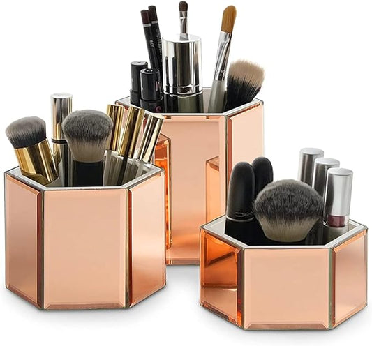 OnDisplay Tressa Set of 3 Hexagon Mirrored Trays for Makeup/Cosmetics, Brushes, Office, Jewelry and Accessories (Rose Gold)