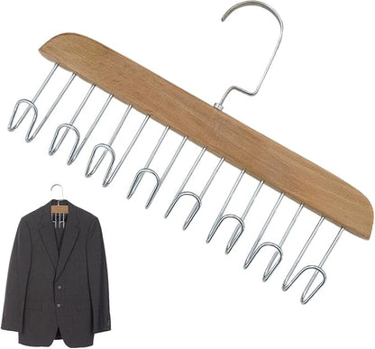 Wooden Belt Holder - Multifunctional Wooden Belt Hanger with 8 Metal Hooks - Wood Tie Scarf Rack Holder Hangers Organizer | for Hanging Belts,Tie,Scarves,neckties, Khaki