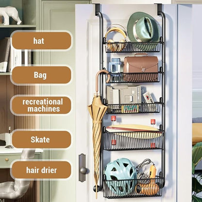 4 Layers Pantry over the Door Organizer with 2 suction cups, Metal over the Door Spice Rack with Adjustable Baskets, Behind Door Organizer Hanging- for Kitchen Laundry Bathroom (Black)