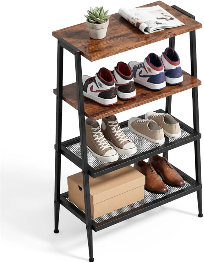 A-Shape Shoe Rack, 4-Tier Heavy-Duty Shoe Organizer with Wooden Top & Mesh Shelves, Space-Saving for Entryway, Bedroom, Hallway(25.28" H, Holds 8 Pairs, Rustic Brown)