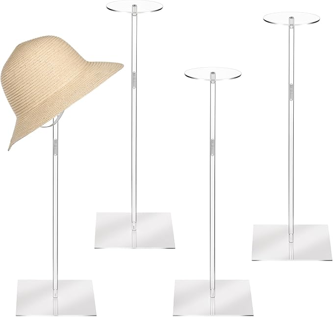 4PCS Clear Acrylic Hat Stands and Display Racks, 12"-17" Adjustable Height Hat Holder, Clear Square Base Hat Stand for Baseball Caps, Wigs, Jewelry, Watches, Helmets and Collectibles