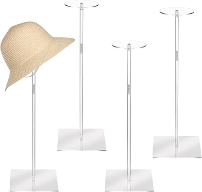 4PCS Clear Acrylic Hat Stands and Display Racks, 12"-17" Adjustable Height Hat Holder, Clear Square Base Hat Stand for Baseball Caps, Wigs, Jewelry, Watches, Helmets and Collectibles