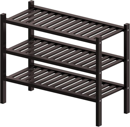 ROMGUAR CRAFT 3 Tier (Thick) Bamboo Shoe Rack for Closet Free Standing Wood Shoe Shelf for Entryway Small Space Stackable 27"x12"x21" (Black Brown)