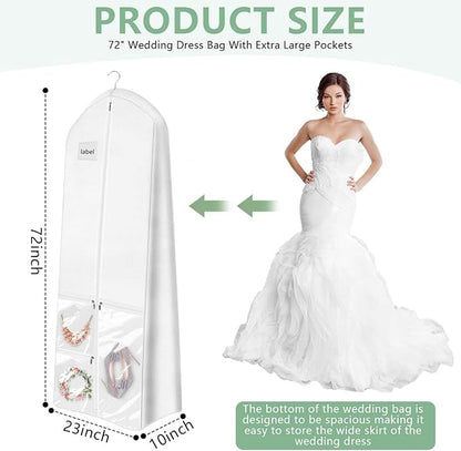72" Long Wedding Dress Garment Bag Cover for Gowns Women with 10'' Gusseted Dress Bags 4 Pocket (White 1 Pack)