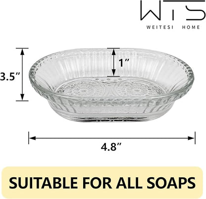 Clear Glass Soap Dish for Cleaner Shower, Oval Bar Soap Holder with Embossed Raised Sides for Bathroom Sink and Kitchen