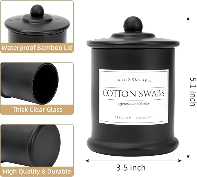 Volisnova 2 Pack Farmhouse Apothecary Jars with Lids - Glass Qtip Dispensers and Cotton Ball Holders for Bathroom Vanity Storage and Organization with 8 Pcs Wterproof Labels (Black Glass)