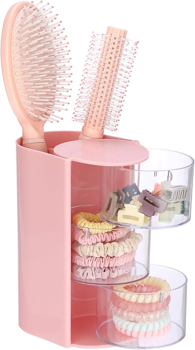 Hair Accessories Organizer with Hair Brush Holder Spinning Cosmetic Storage Case for Makeup Sponge Plastic Desktop Organizer, 3-Layer Pink