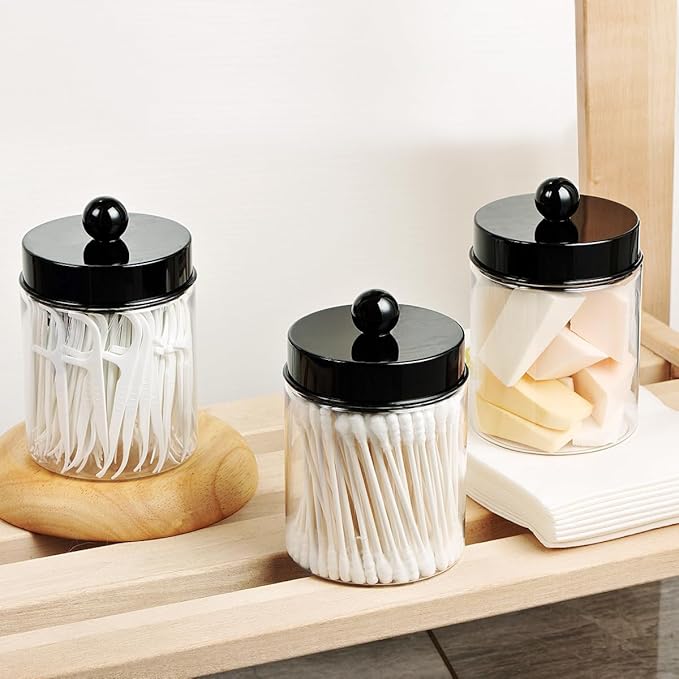 Amolliar Apothecary Jars Bathroom Vanity Storage Organizer Set -Countertop Canister Plastic Acrylic Jar - Farmhouse Decor Qtip Holder for Cotton Swabs,Makeup Sponges,Flossers,Paper Clips -Black(2)