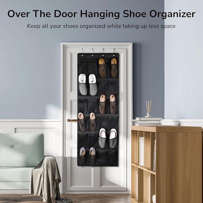 Over-The-Door Shoe Storage Organizer With 24 Breathable Pockets And Hooks For Easy Hanging