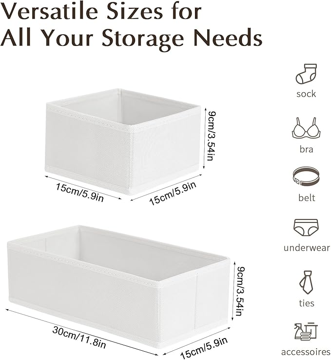 DIMJ Drawer Organizers Clothes, Set of 12 Dresser Organizer Bins, Fabric Closet Organizers and Storage, Shallow Drawer Dividers for Nursery, Clothing, Baby Clothes, Socks, Underwears, Tie (White)