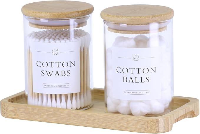 INIUNIK Qtip Holder with Vanity Tray - 2 Pack Glass Apothecary Jars with Lids, Cotton Ball Swab Pad Floss Pick Holder, Bathroom Organizers Jars Containers Canisters Accessories Set