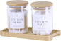 INIUNIK Qtip Holder with Vanity Tray - 2 Pack Glass Apothecary Jars with Lids, Cotton Ball Swab Pad Floss Pick Holder, Bathroom Organizers Jars Containers Canisters Accessories Set