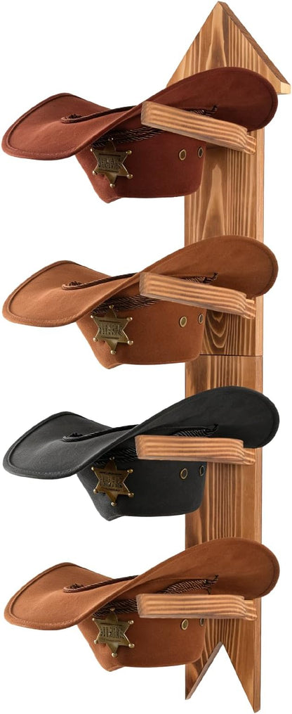 Cowboy Hat Holder for Wall, Wooden Rustic Farmhouse Hook Rack- Holds up to 4 hats(Brown)