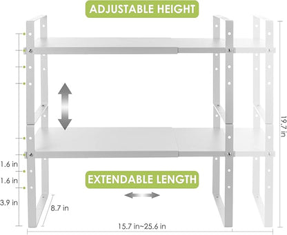 Across-Star Expandable Cabinet Shelf Organizer Rack, Stackable Kitchen Counter Storage Shelves Stand, Adjustable Height Pantry Shelf Spice Rack (White, 2 Pack)