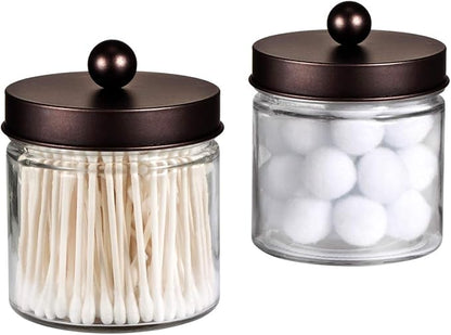 SheeChung Bathroom Organizers and Storage - 2Pack Qtip Holders Bathroom Canister Apothecary Jars for Cotton Swabs, Rounds, Balls, Qtips,Makeup Sponges, Flossers,Bath Salts - Bronze