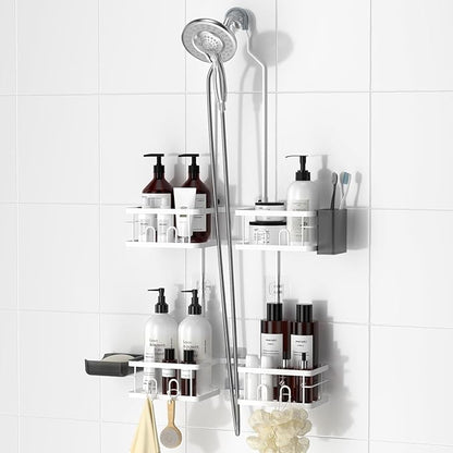 REINHARDT Adjustable Shower Caddy Hanging Rustproof Shower Caddy for Handheld Showerheads, Shower Organizer with Hooks Soap Holder Toothbrush Holder, Anti-Swing Shower Rack Bathroom Accessories, White