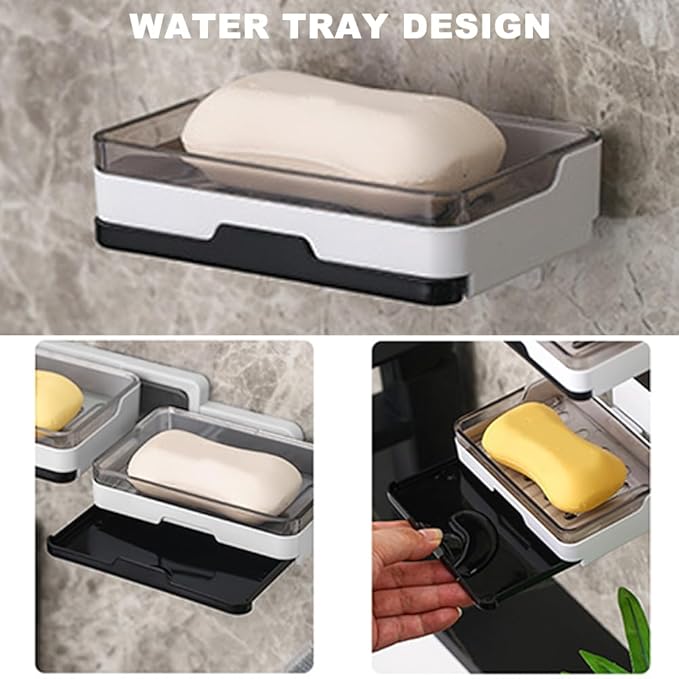 2 pcs Self Adhesive Soap Dish with Drawer-Type Drip Tray and 2 No-Trace Adhesive Pad, Wall Mounted Soap Holder Shower Sink Bar Soap Sponge Holder Tray Rack(White)