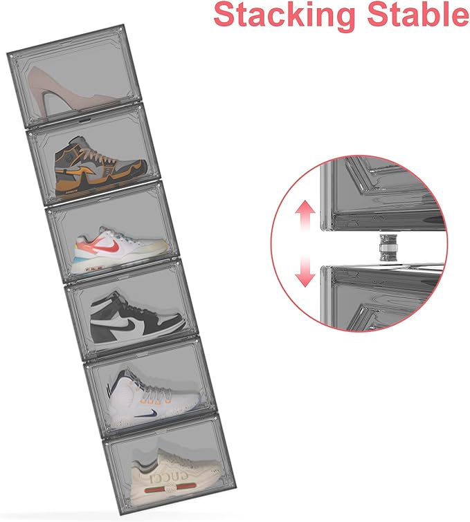Shoe Box,Set of 6,Stackable Plastic Clear Shoe Box Organizer with Magnetic Door,Shoe Storage Box Thicken Sturdy,Easy Assembly,Fit up to US Size(Side opening door, Black)