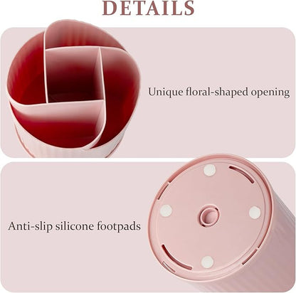 Anyoifax 360 Rotating Makeup Brush Holder Organizer 5 Slots Make Up Brushes Cup Flower-Shaped Spinning Pen Holder for Vanity, Cosmetics, Lipsticks, Pink