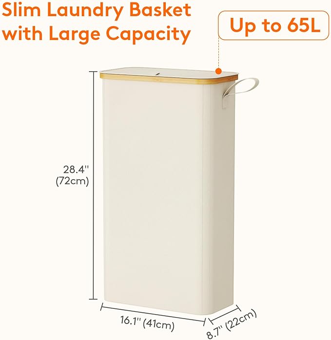 Lifewit 65L Slim Laundry Hamper with Lid, Narrow Laundry Basket with Removable Bag & Bamboo Handles, Fodable Thin Dirty Clothes Hamper for Laundry Collapsible Bin for Bathroom Bedroom Dorm, White