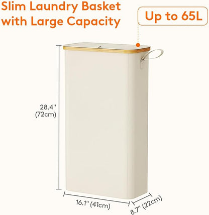 Lifewit 65L Slim Laundry Hamper with Lid, Narrow Laundry Basket with Removable Bag & Bamboo Handles, Fodable Thin Dirty Clothes Hamper for Laundry Collapsible Bin for Bathroom Bedroom Dorm, White