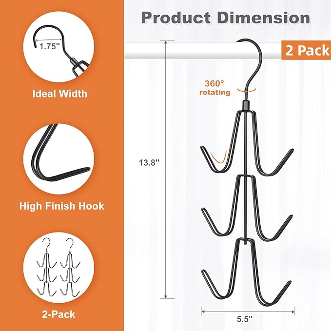 TOPIA HANGER Purse Hanger Organizer for Closet, 2-Pack Handbag Organizer Hanger, 360°Swivel Metal Purse Hooks, Bag Rack, Belt Organizer, Tie Rack, Scarf Hanger, Bag Storage Organizer, Black