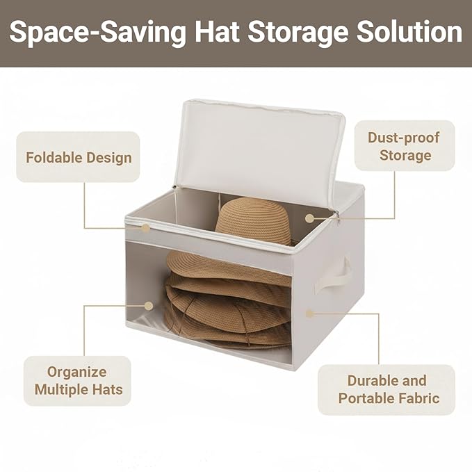 FAYYGYH Simple Hat Storage Box for Women Men, Large Closet Organizer with Dustproof Lid, Foldable Hat Carrier Case for Cowboy Hats, Travel & Home Use (White)