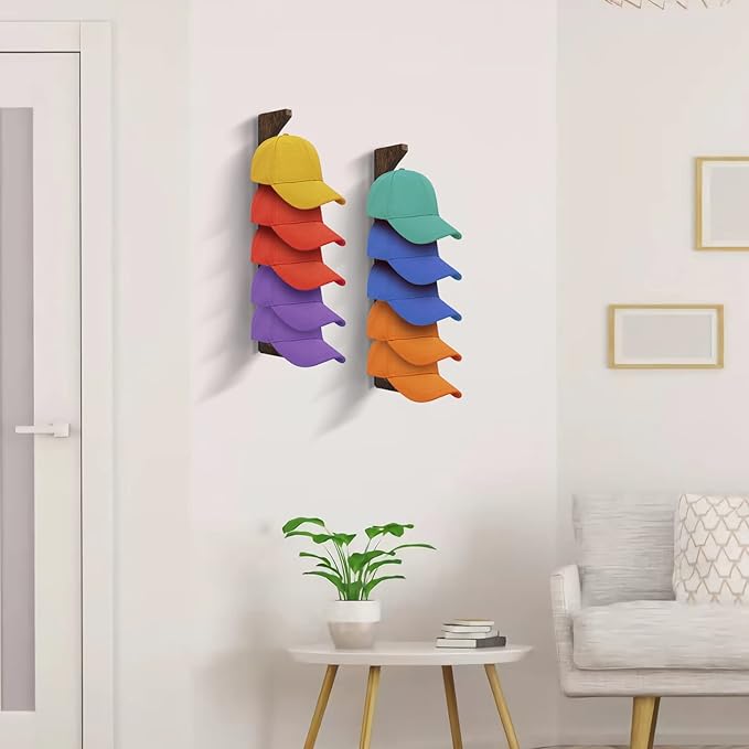 2PCS Wall Mounted Wooden Hat Rack for Baseball Caps - Solid Wood Organizer & Storage Display for Closet Door, Bedroom, Entryway, Laundry