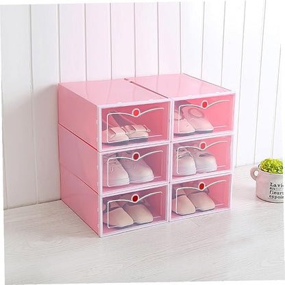 Cabilock 6PCS Pink Transparent Stackable Shoe Storage Boxes Large Thickened Plastic Containers for Closet Entryway Organizer with Door for Easy Shoe Visibility