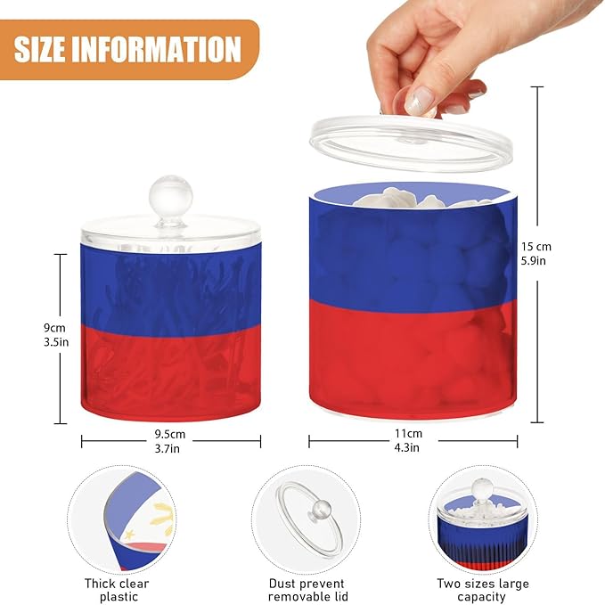 DOMIKING Philippines Flag 2 Pack Bathroom Canisters Cotton Swab Holder Dispenser Plastic Cotton Ball Jar Acrylic Storage Containers for Cotton Ball Cotton Swab Cotton Round Pads
