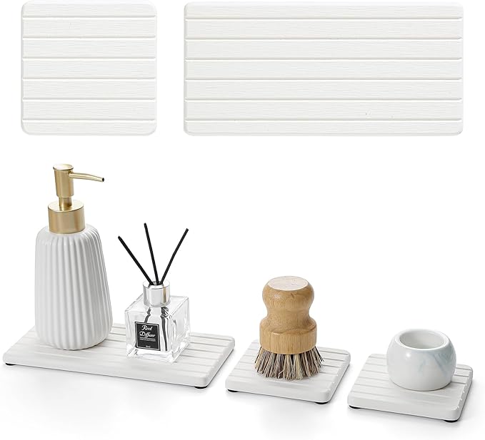 Fast Water Absorption Sink Organizer Tray Set, 3-Pack Compact and Space-Saving Stone Soap Holder Caddy for Kitchen & Bathroom Counter, Faucet Splash Guard, White (1pc of 8"x3.8" + 2pcs of 3.8"x3.8")
