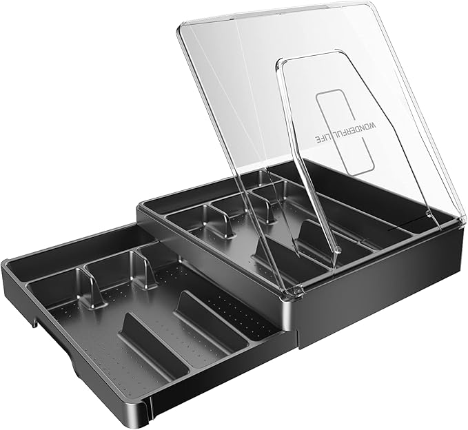 GoCozy Silverware Organizer with Lid, 9 Compartments Flatware Organizer, Plastic Utensil Holder for Countertop, Silverware Tray for Drawer, Black
