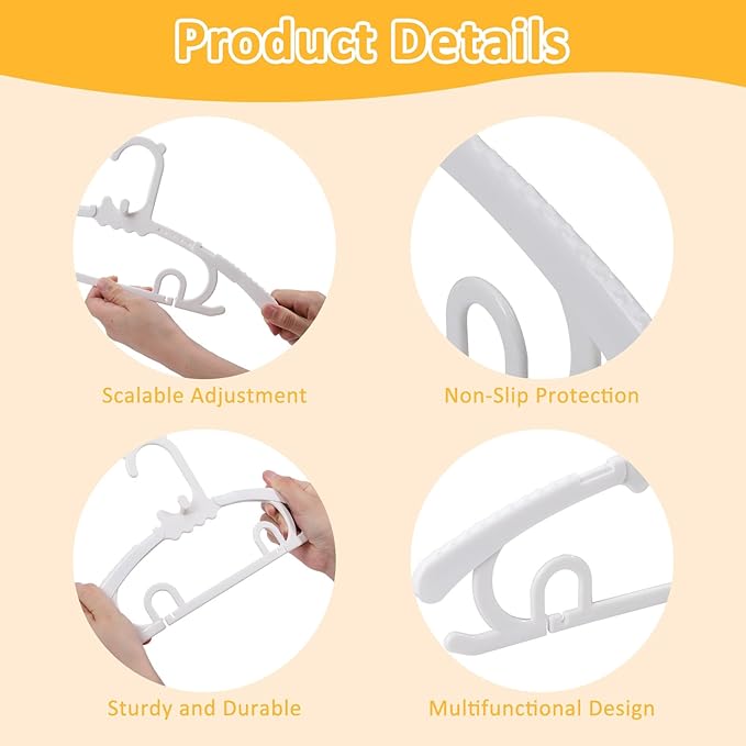 50 Pack Plastic Hangers with 16 Clips, 11-15 inch Adjustable Clothes Hanger, Durable & Non-Slip, Space Saving Coat Hanger for Pants, Jackets and Dress (White)