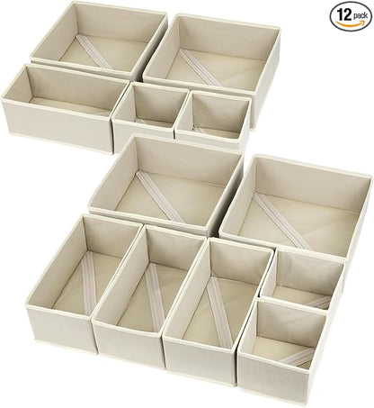 Fordonral 12 Pack Drawer Organizer Clothes, Foldable Fabric Dresser Organizer Closet Organizers and Storage Box for Underwear,Folded Clothes,Baby Clothing,Socks,Bra,Towels,Ties(12 Pack,Beige)