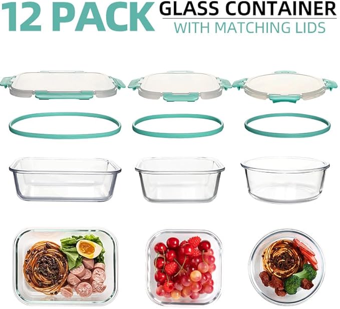 12 Pack Glass Storage Containers Transparent, Stackable Design Meal Prep Containers for Food Storage, Home, Kitchen & Pantry Organization, Microwave/Freezer/Dishwasher Safe