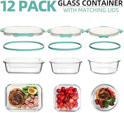 12 Pack Glass Storage Containers Transparent, Stackable Design Meal Prep Containers for Food Storage, Home, Kitchen & Pantry Organization, Microwave/Freezer/Dishwasher Safe