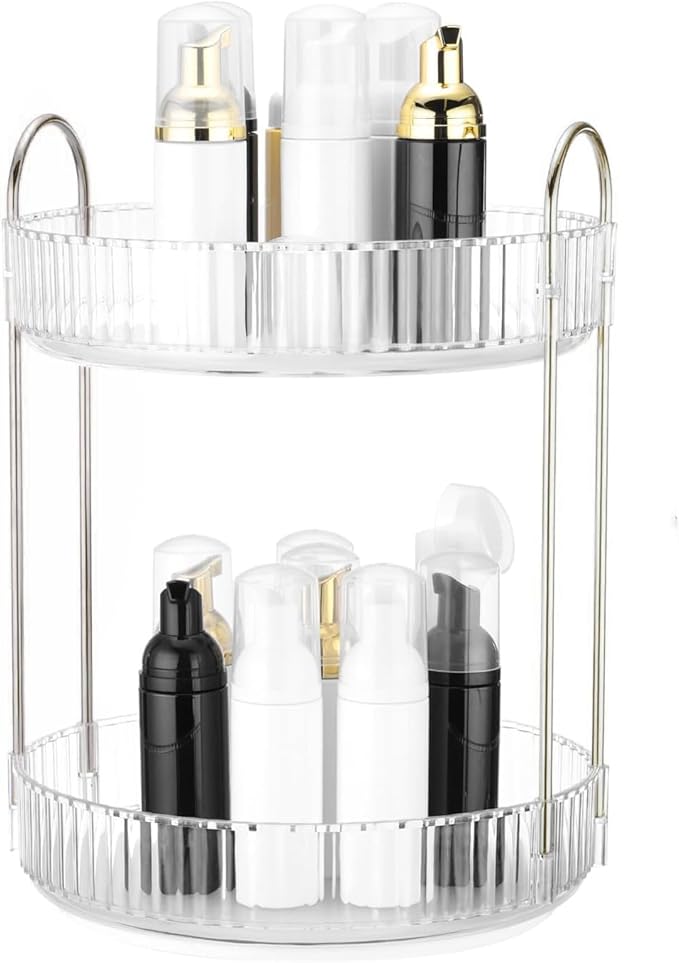 360 Rotating Makeup Organizer and Storage for Vanity Countertop 2 Tiers, High Capacity Cosmetic Skincare Perfume Organizers for Dresser Bathroom Lazy Susan