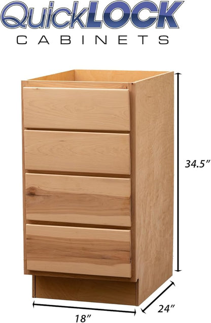 Quicklock RTA (Ready-to-Assemble) | Base Kitchen Cabinets - Shaker Style | Made in America (Raw Hickory, 18" Wx34.5 Hx24 D 4 Drawer)