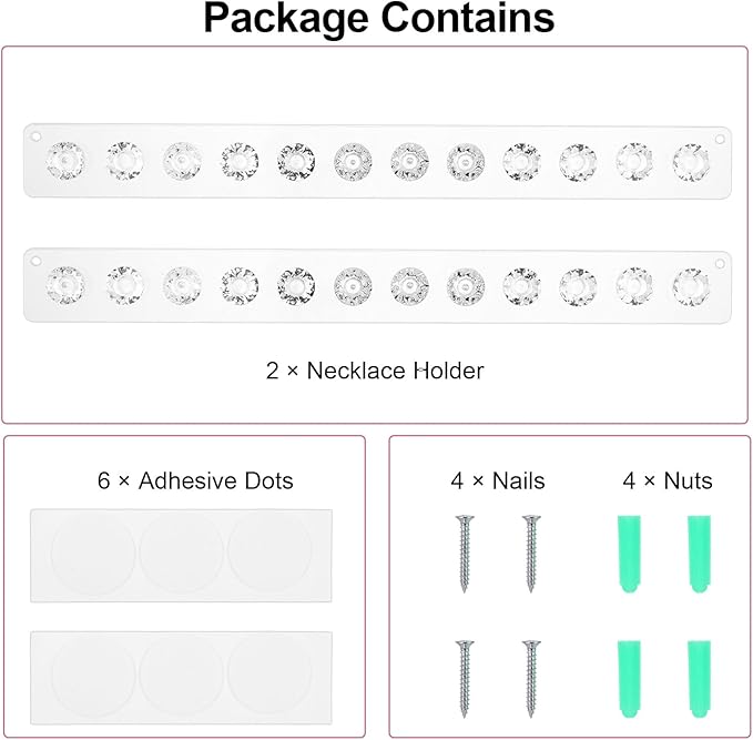 2Pcs Wall Necklace Holder for Women, Hanging Jewelry Organizer Wall Mount Crystal Holder Necklace Wall Hanger, Acrylic Bracelet Holder Organizer Jewelry Rack Adhesive Hooks Necklace Storage