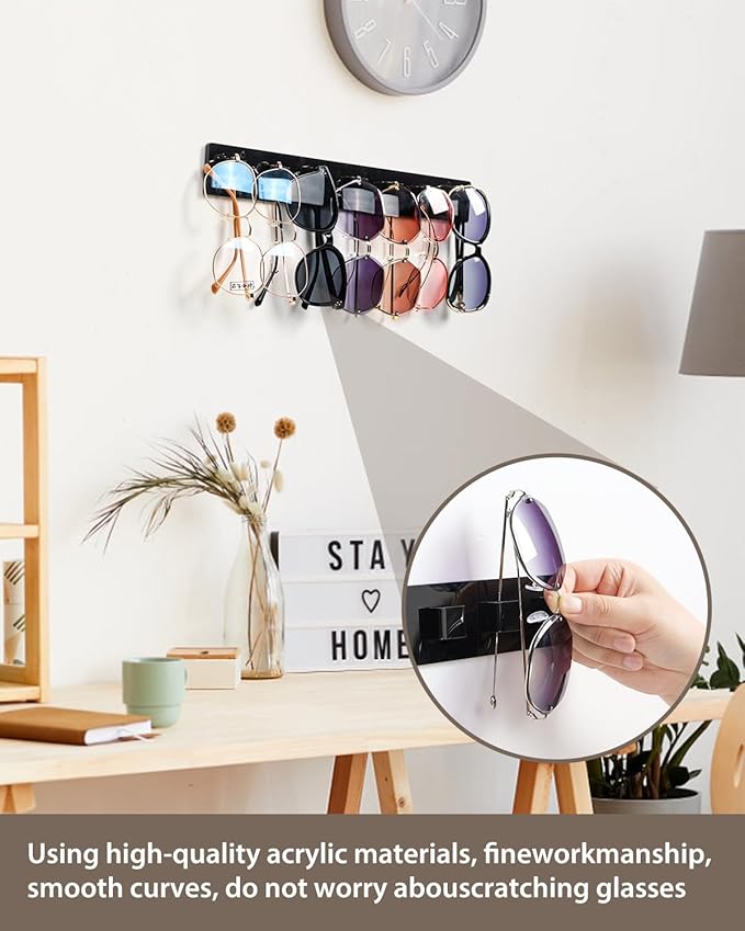Sunglasses Holder Organizer, 2 Pack Acrylic Sunglasses Organizer Wall Mounted Eyeglasses Display Holder Eyewear Glasses Hanging Rack for Entryway Living Room Bedroom (Black)